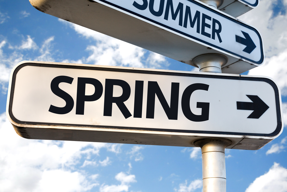 Spring direction sign on sky background